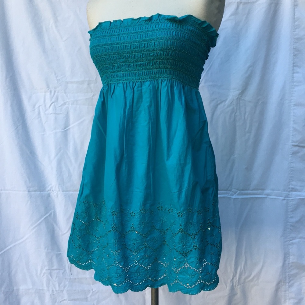 Smocked Strapless Dress w/ Eyelet Lace Hem